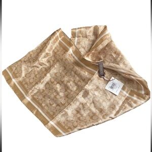 COACH LOGO BEIGE GOLD Oblong 100% Silk SCARF 60” by 10.8” vintage